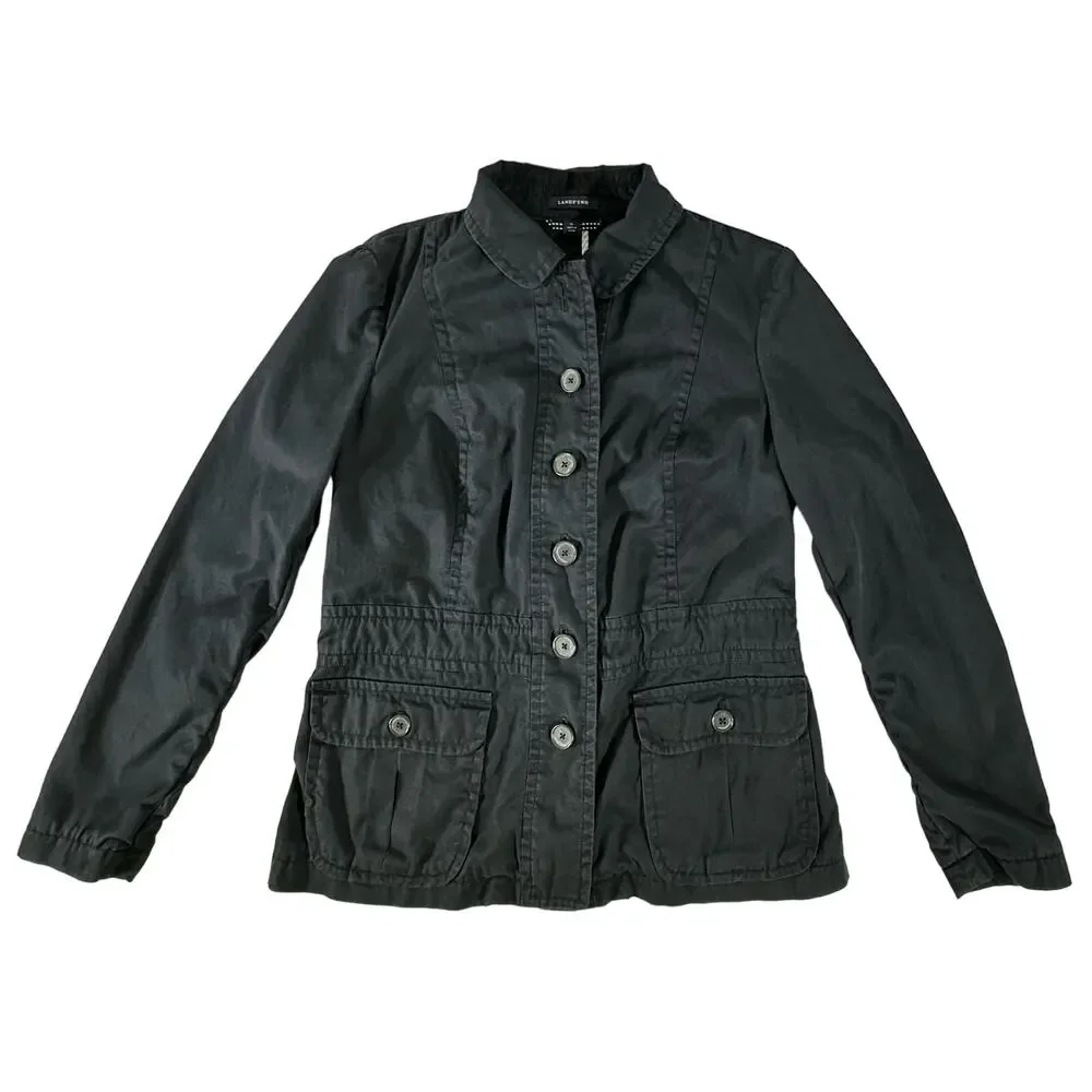 Lands End Womens Field Jacket Size 12 (4) Navy Blue Elastic Gathered Waist‎ READ